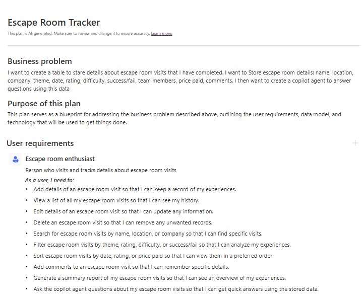 A snip of the plan designer business problem and user requirements
